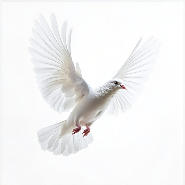 Photo a white dove with a red beak flies in the air