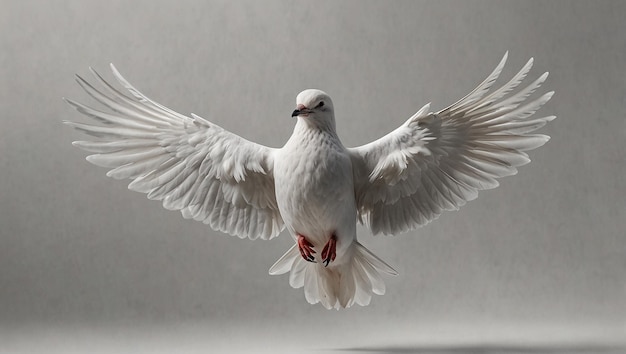 a white dove with a red beak is flying in the air