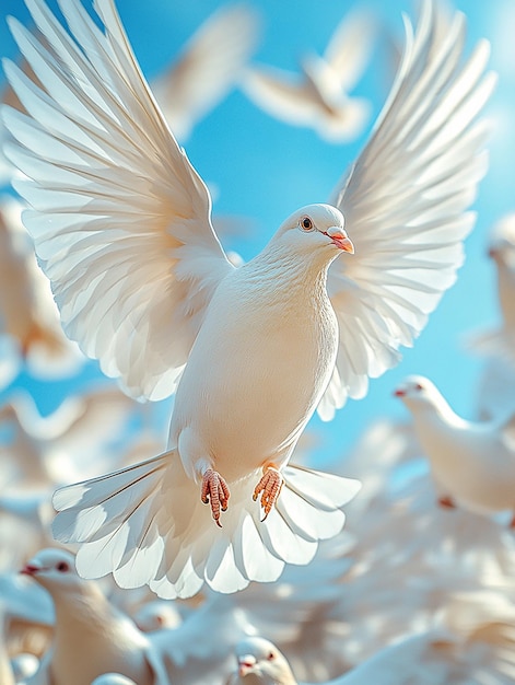 Photo a white dove with a red beak is flying in the sky