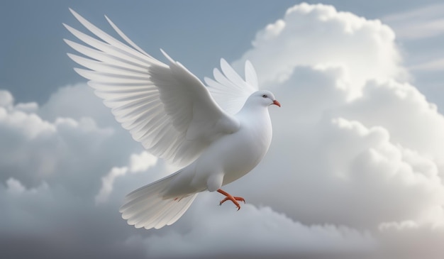 a white dove with a red beak is flying in the sky