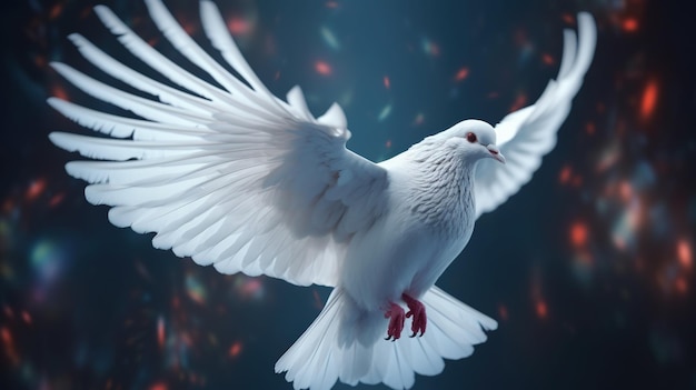 A white dove with wings spread in front of a dark background