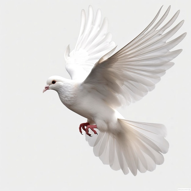 A white dove with wings spread is flying in the air.