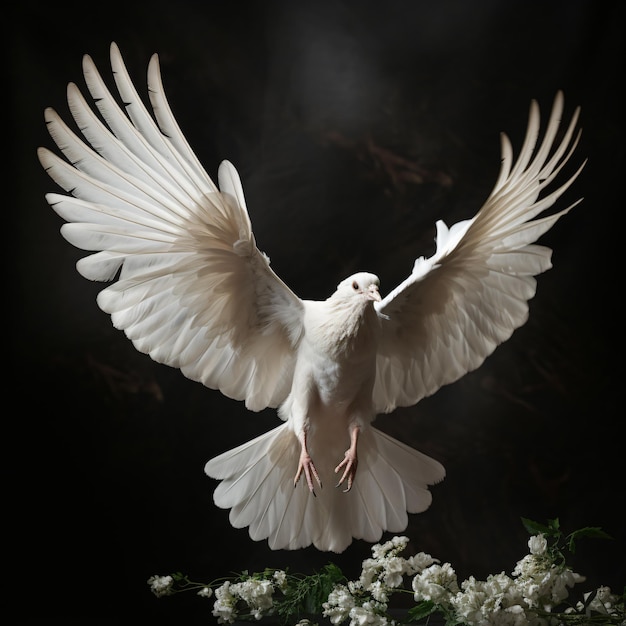 a white dove with wings spread out in front of a black background