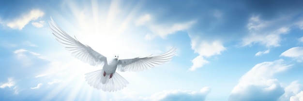 White dove with wings wide open in the blue sky air with clouds and sunbeams Generative AI