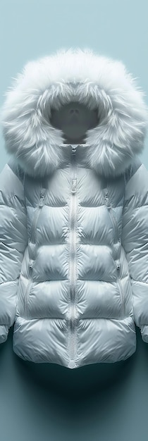 Photo white down jacket with fur collar on light blue background