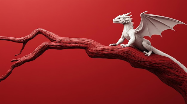 Photo a white dragon perches on a red branch with a red background creating a dramatic and surreal scene