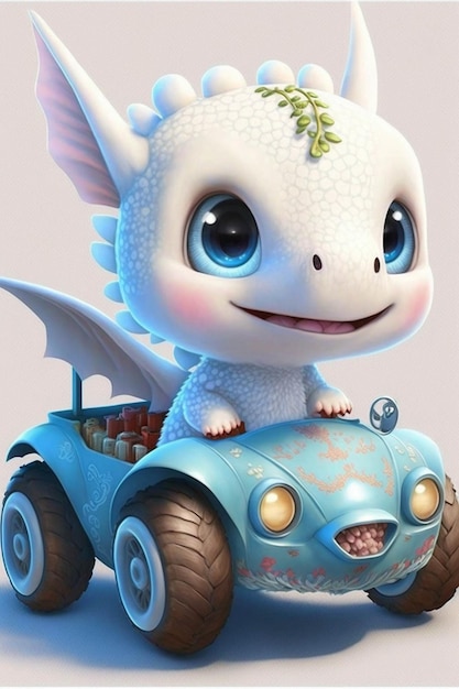 White dragon sitting on top of a blue car generative ai