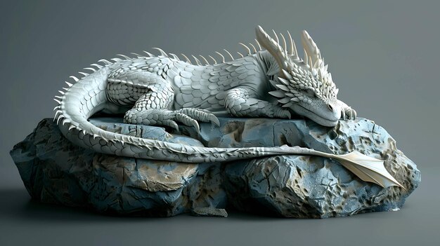 Photo a white dragon statue is sleeping on a rock