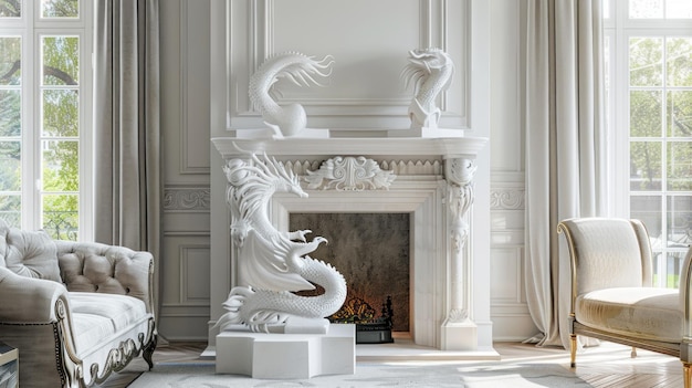 White Dragon Statues Adorn a Luxurious Living Room