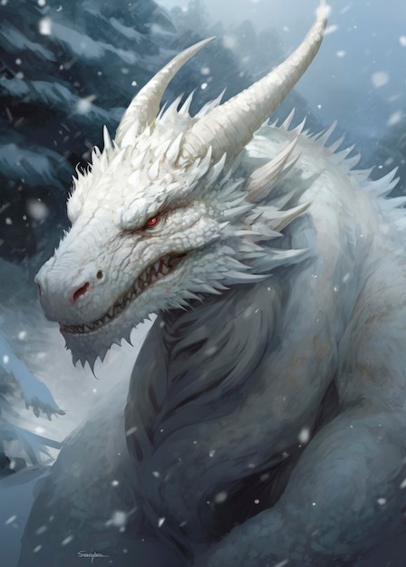 A white dragon walking in the snow in the style of otherworldly illustrations gigantic scale eerily realistic animeinspired characters weathercore enigmatic portraits spiky mounds generat ai