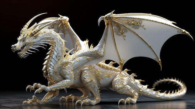 A white dragon with gold wings sits on a black background.