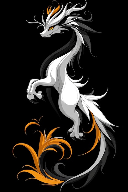 White Dragon with Golden Tail on Black Background