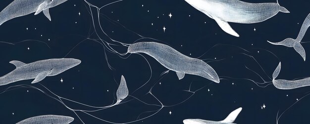 Photo white drawing of several whales swimming around the moon