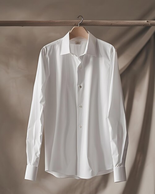 Photo white dress shirt hanging on a wooden hanger the shirt appears to be made of a crisp highquality