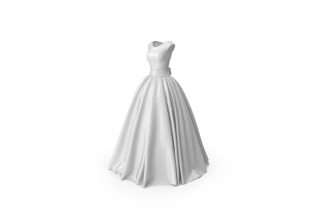 A white dress with a long skirt on a white background.