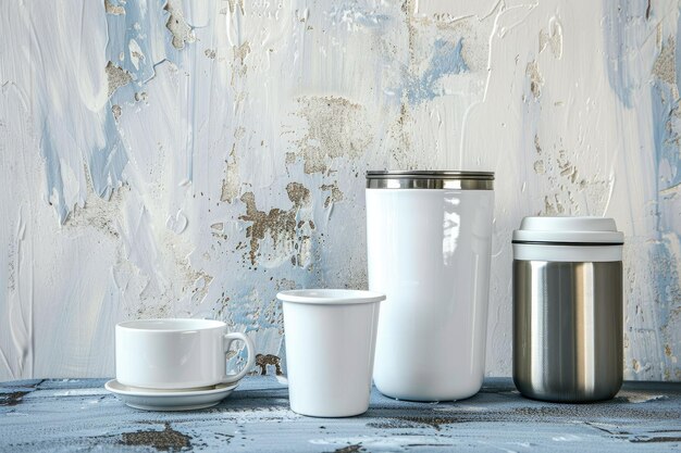 Photo white drink containers mug acrylic tumbler and travel cup ceramic acrylic and steel pot for tea