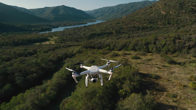 A white drone is flying in a green field