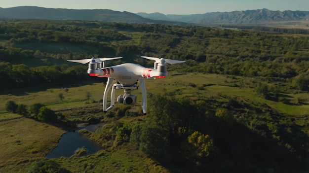 A white drone is flying over a rural landscape