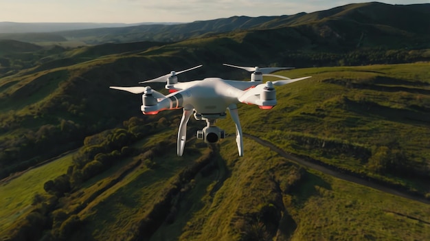 A white drone is flying over a rural landscape