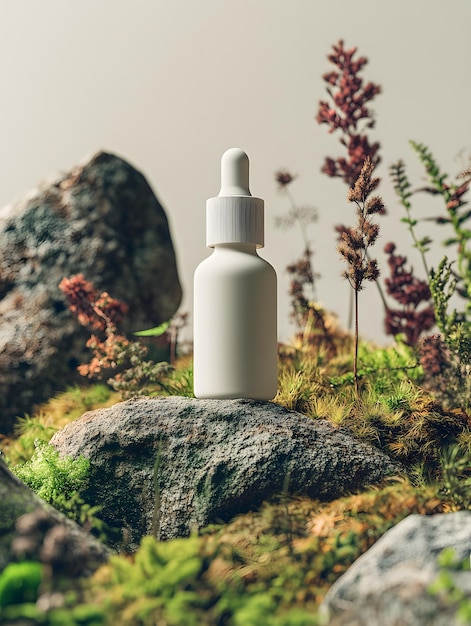 Photo white dropper bottle resting on a mossy rock