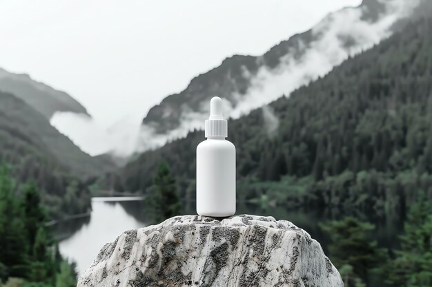 White dropper bottle on a rock with foggy mountain landscape background perfect for beauty or skincare product mockup