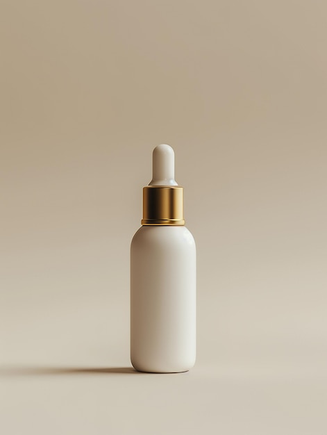 A white dropper bottle with a gold lid on a beige background