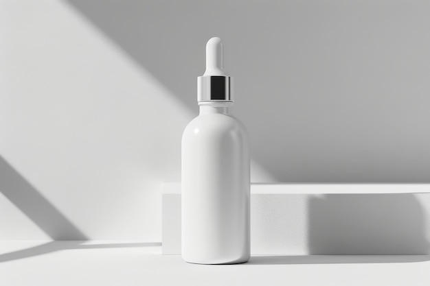 Photo white dropper bottle with silver cap on a white platform