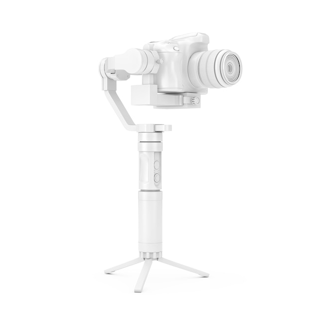 White DSLR or Video Camera Gimbal Stabilization Tripod System in Clay Style Mock Up on a white background. 3d Rendering