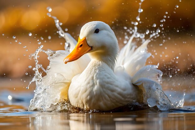 Photo white duck splashing water