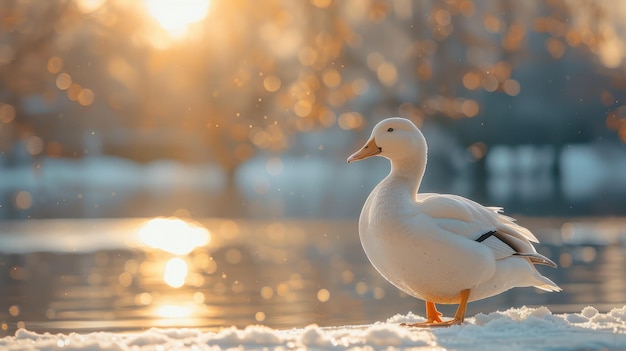 White Duck Standing on Snow Near Water at Sunset