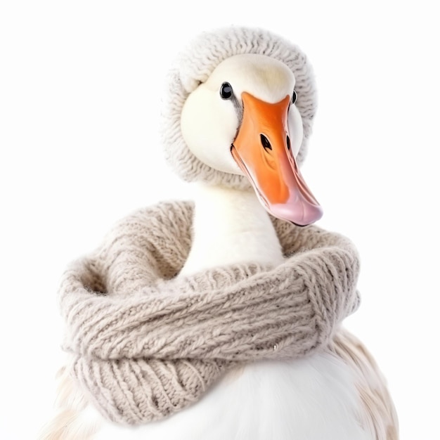 a white duck wearing a scarf and a sweater