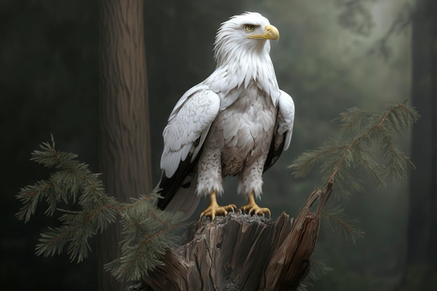 A white eagle standing on top of a tree photorealism