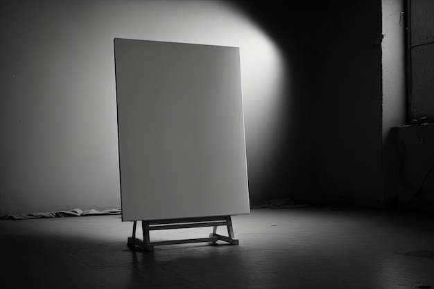 A white easel in a dark room with a light shining on it generative AI