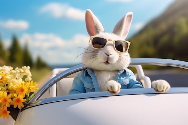 Photo white easter bunny rides to give gifts rabbit in the car at the drivers seat behind the steering wheel hare driver