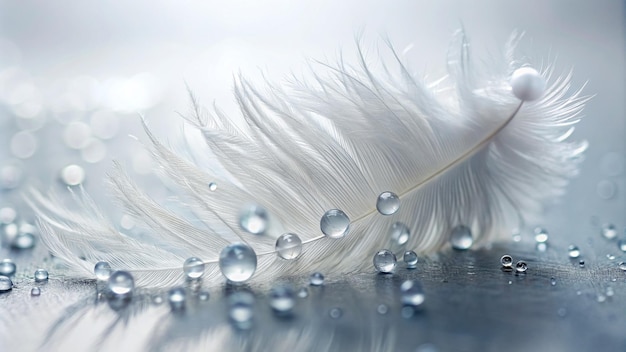 White easy airy soft bird feather with transparent fresh drops of water on white background macro Delicate dreamy exquisite artistic image of the purity and fragility of nature free space