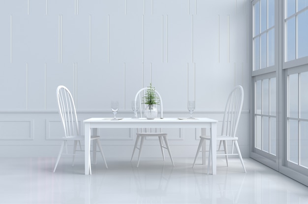 White eating room decor with white chair and desk,window,flower,fork,spoon,wine glass. 3d 