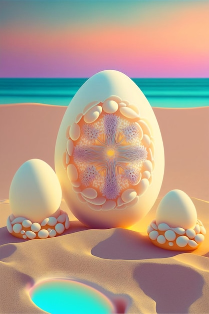 White egg sitting on top of a sandy beach generative ai