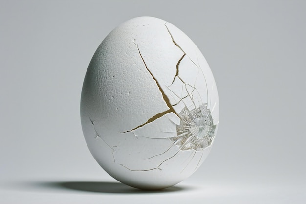 A white egg with a broken shell on the side on a plain background the cracks in its exterior add t