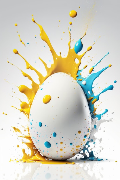 White egg with splash and levitation spilled yellow and blue paint