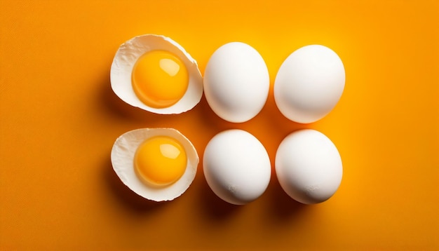 White eggs and broken egg with yolk on yellow background the yellow background top view Generative