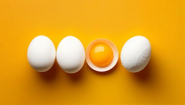 White eggs and broken egg with yolk on yellow background the yellow background top view Generative