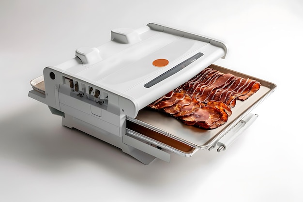 White Electric Bacon Cooker with Crispy Bacon Slices