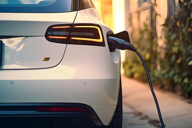 A white electric car is charging back view