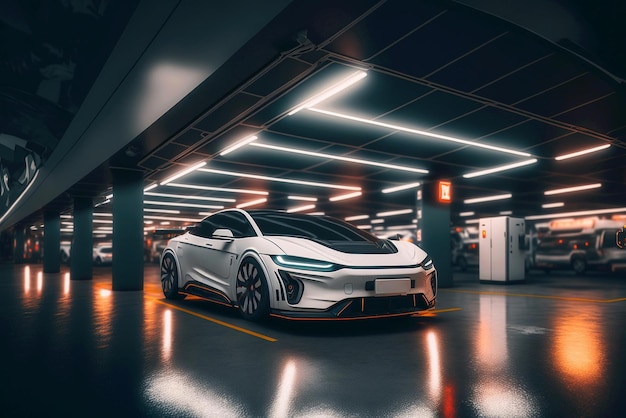 A white electric car is parked in a garage with the word tesla on the front.