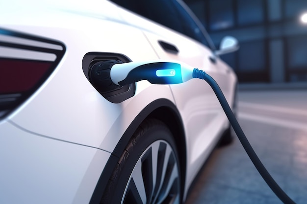 A white electric car is plugged in to a charging station.