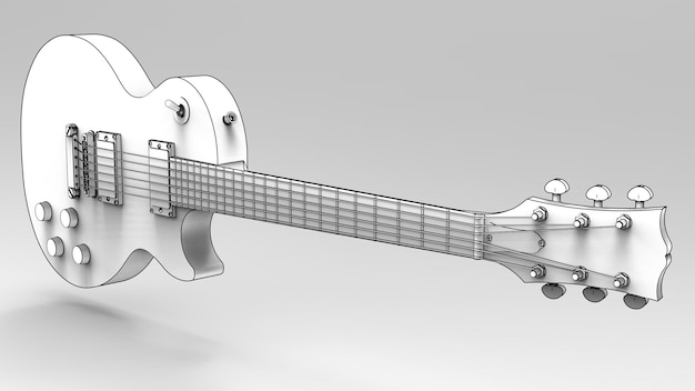 White electric guitar with black lines on gray background. 3d rendering.