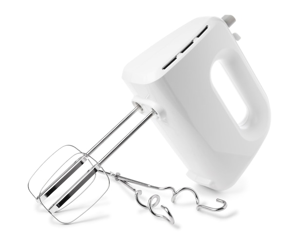 White electric hand mixer with beaters and dough hooks, isolated on white background. Household kitchen device appliance for mixing foods.