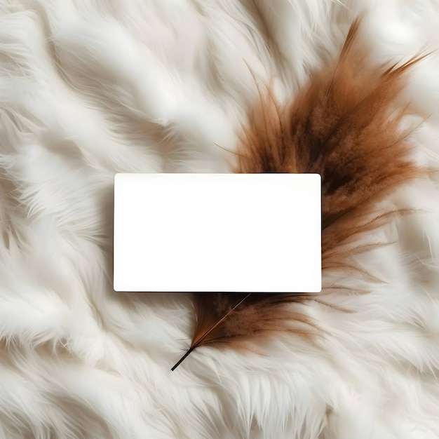 White empty business card on white fluff and brown feathers