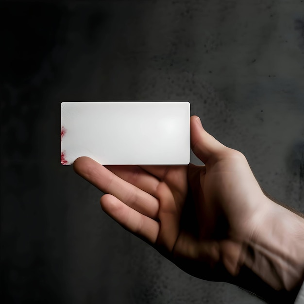 White empty card held in the hand on a gray background