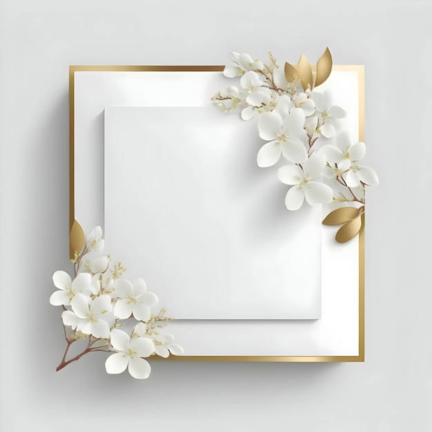 White empty card with golden borders and white flowers on sides